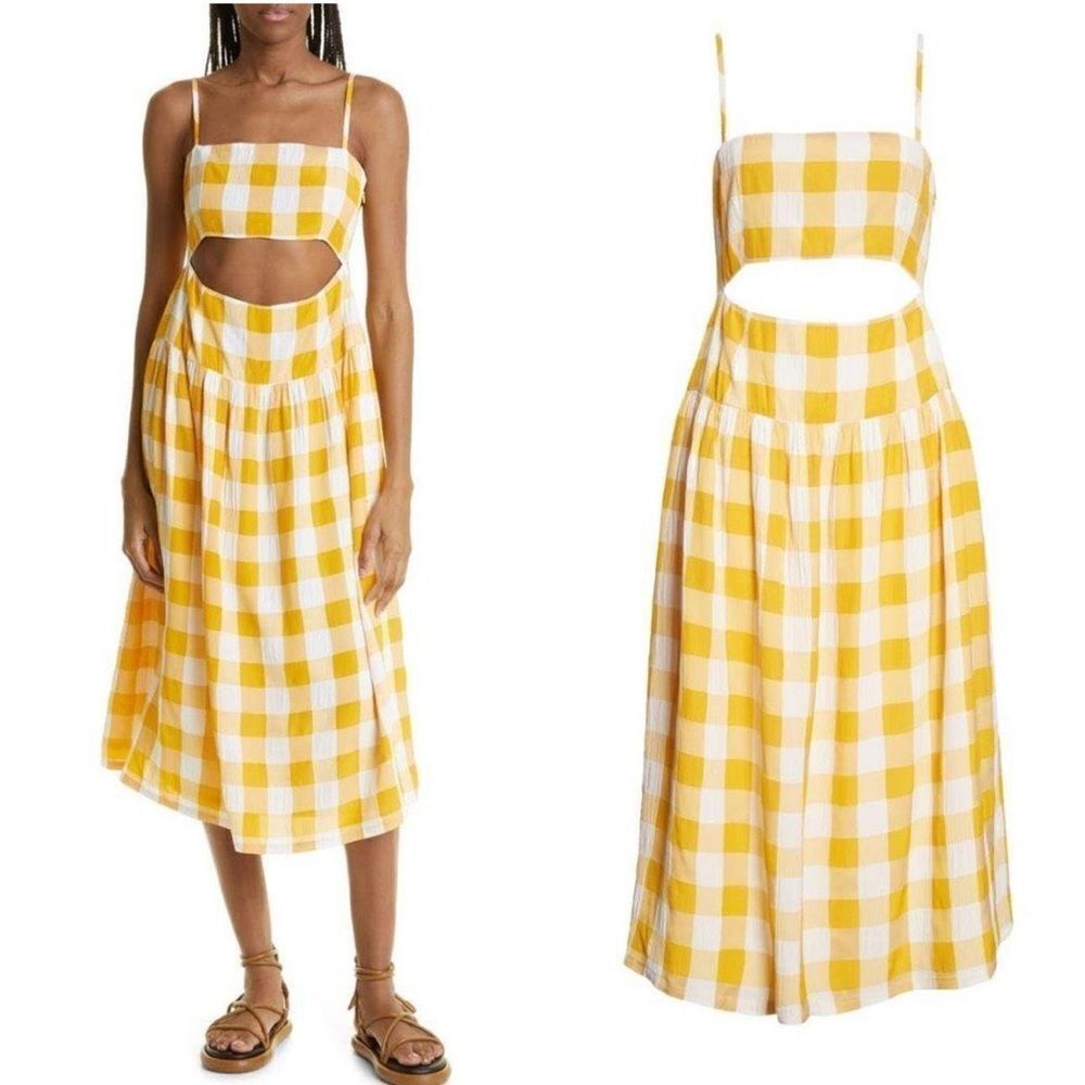 Autumn Adeigbo Lillian Gingham Cutout Midi Sundress in Yellow Gingham 8 NWT $525
